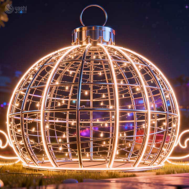 Giant Wireframe Double Christmas Bells Motif Light, Custom Outdoor LED Bell Light Sculpture with Holly Leaves