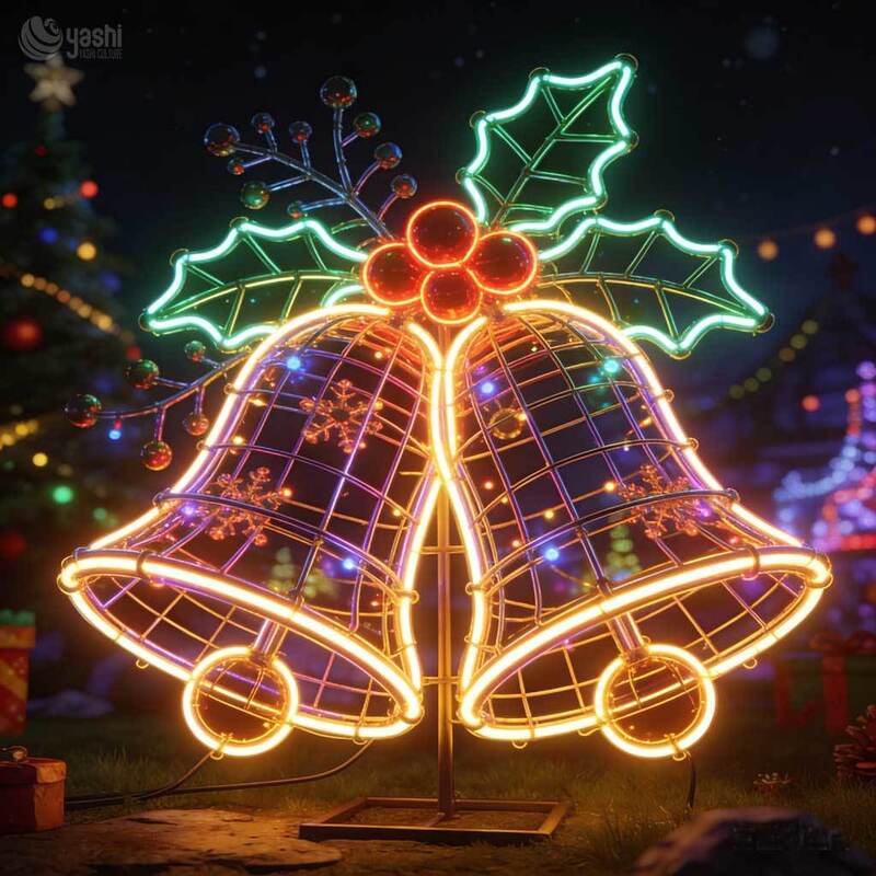 Giant Wireframe Double Christmas Bells Motif Light, Custom Outdoor LED Bell Light Sculpture with Holly Leaves