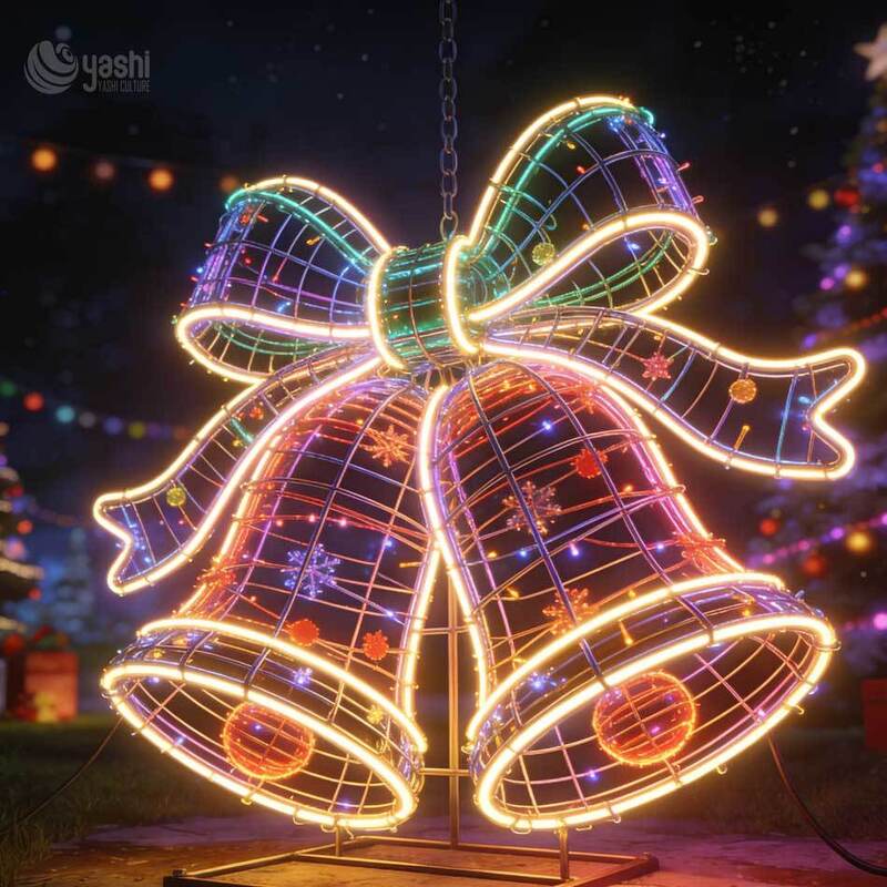 Giant Wireframe Double Christmas Bells Motif Light, Custom Outdoor LED Bell Light Sculpture with Holly Leaves
