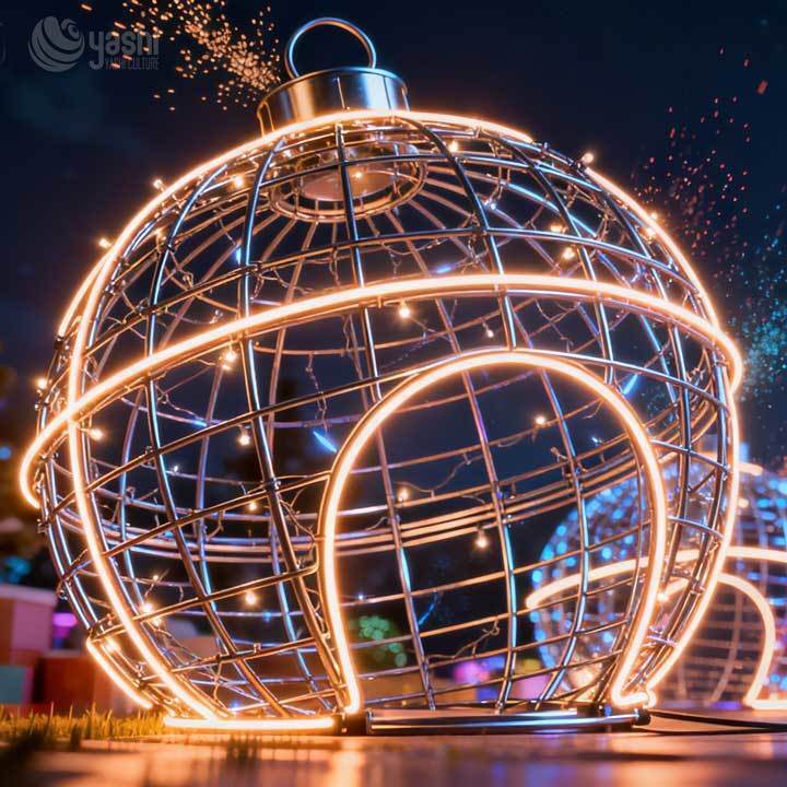 Giant Wireframe Double Christmas Bells Motif Light, Custom Outdoor LED Bell Light Sculpture with Holly Leaves
