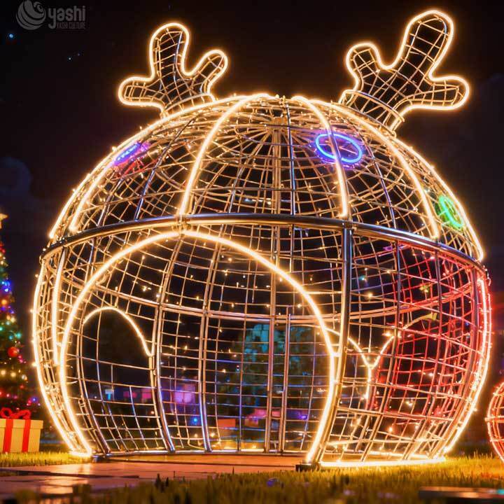 Giant Wireframe Reindeer Ball Light Arch, Custom Outdoor LED Motif Light Christmas Tunnel for Holiday Light Festival