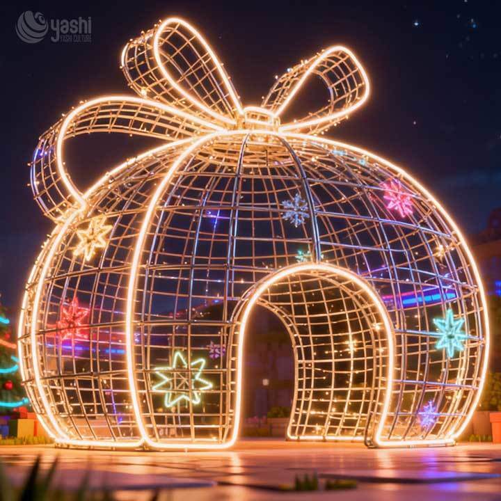 Giant Wireframe Reindeer Ball Light Arch, Custom Outdoor LED Motif Light Christmas Tunnel for Holiday Light Festival