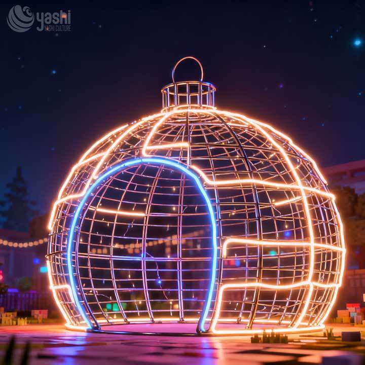 Handmade Christmas Ball Arch LED Light, Custom 3D Illuminated Sculpture for Festival Event & Mall Decoration