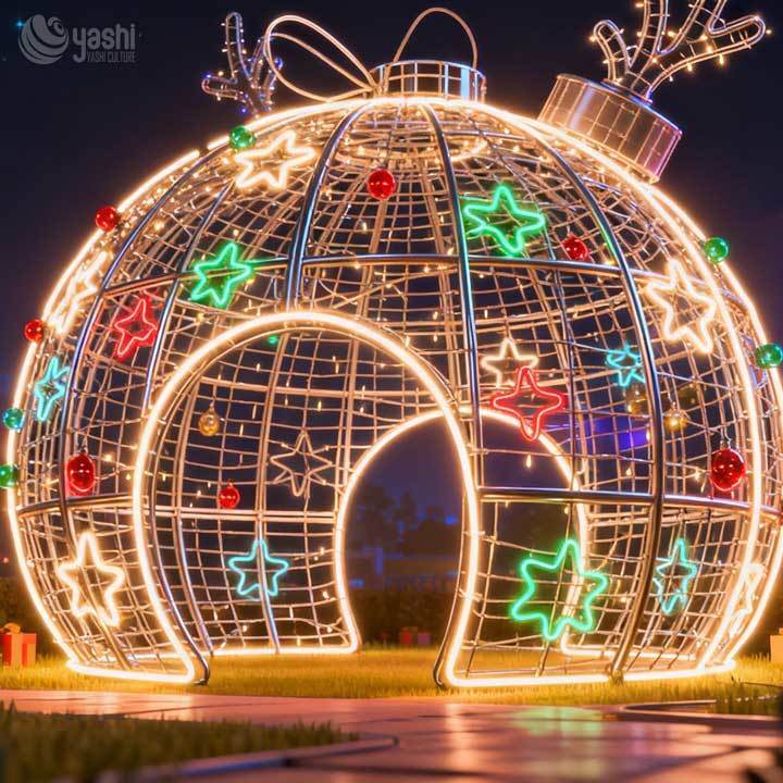 Handmade Christmas Ball Arch LED Light, Custom 3D Illuminated Sculpture for Festival Event & Mall Decoration