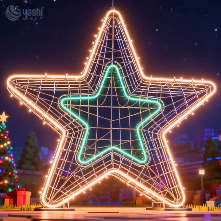 Double Layer Star LED Motif Light, Custom Outdoor Wireframe Star Light Sculpture for Christmas Light Festival