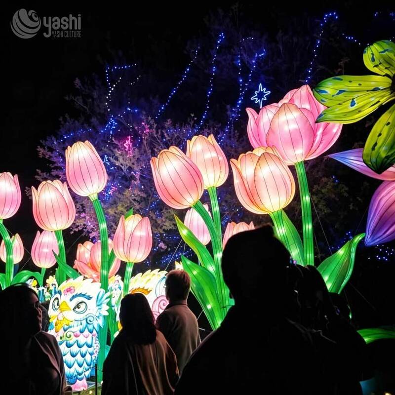 Custom Giant Pink Tulip Lantern Group, Large LED Tulip Flower Light Sculptures for Light Festival Park Display