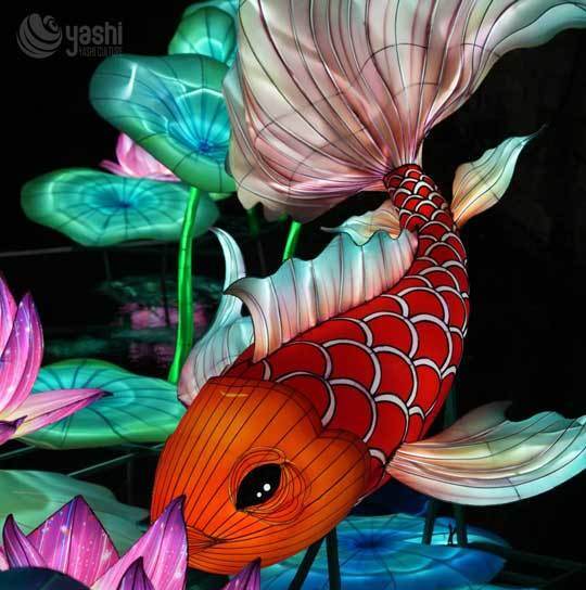 Custom Koi Fish & Lotus LED Lantern Set, Traditional Chinese Carp Light Sculpture for Festival Lantern Show