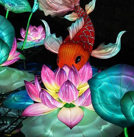 Custom Koi Fish & Lotus LED Lantern Set, Traditional Chinese Carp Light Sculpture for Festival Lantern Show