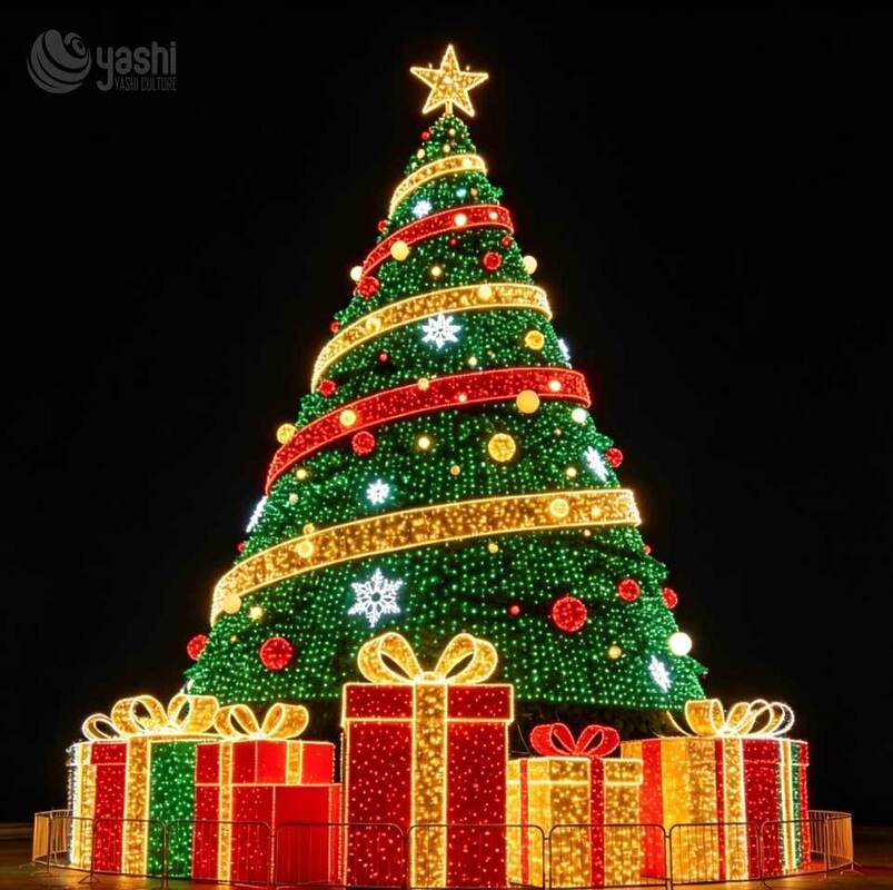 Custom Giant Artificial LED Christmas Tree Motif Light With Gift Boxes, Outdoor Waterproof Lighted Xmas Tree Sculpture For Mall & Plaza