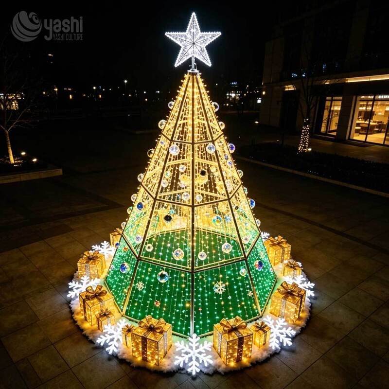 Custom Giant LED Frame Christmas Tree Motif Light, Outdoor Waterproof Lighted Xmas Tree Sculpture With Gift Boxes For Mall Plaza