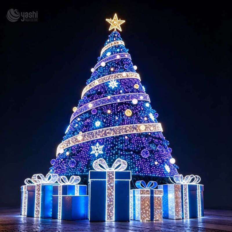 Custom Giant LED Frame Christmas Tree Motif Light, Outdoor Waterproof Lighted Xmas Tree Sculpture With Gift Boxes For Mall Plaza