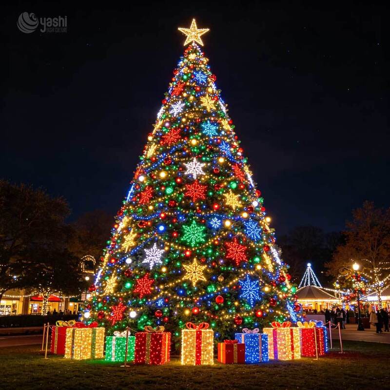 Custom Giant LED Frame Christmas Tree Motif Light, Outdoor Waterproof Lighted Xmas Tree Sculpture With Gift Boxes For Mall Plaza