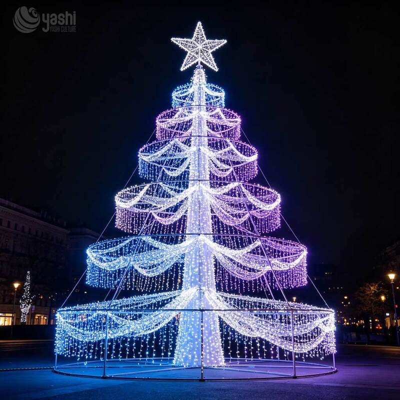 Large Commercial Grade LED Christmas Tree, Blue Purple Illuminated Light Sculpture for Outdoor Plaza & Festival Display