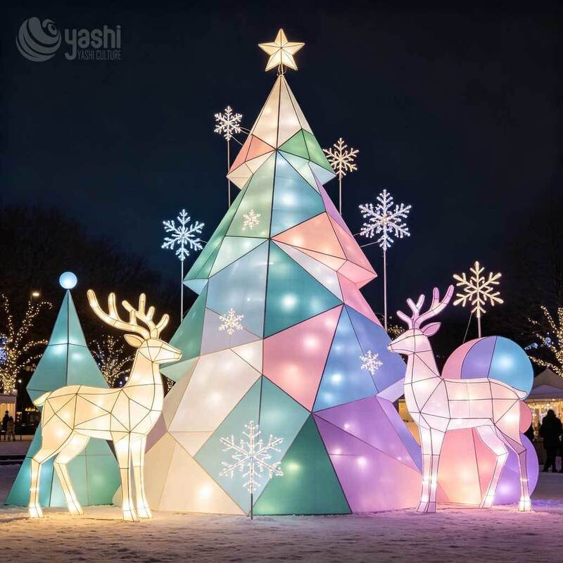 Custom Giant LED Light Sculpture Set, Outdoor Christmas Reindeer Motif Light With Christmas Tree, Snowflake & Wave Lanterns For Festival Display