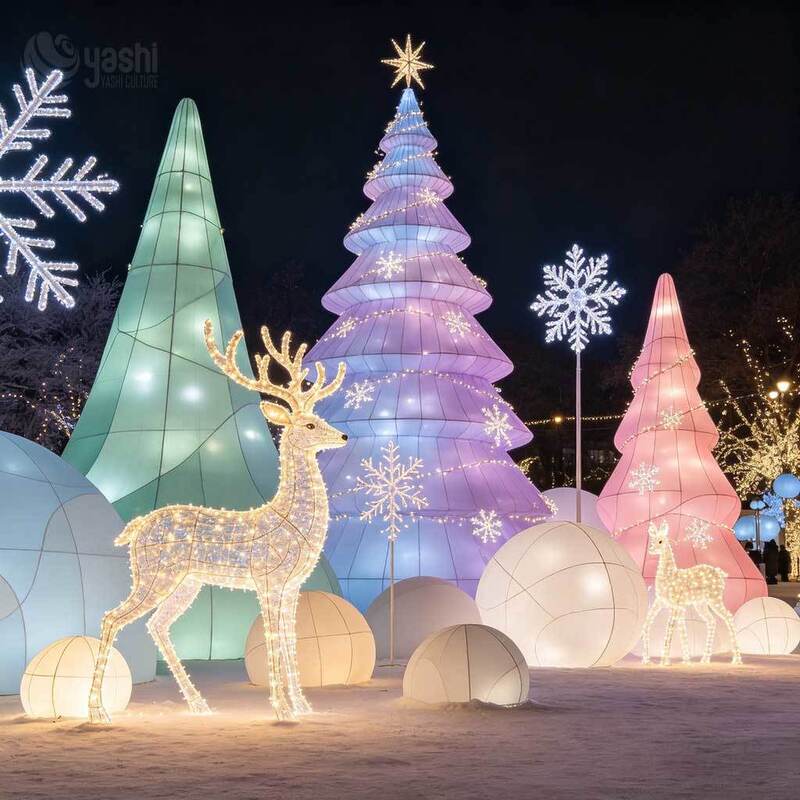 Giant Reindeer LED Light Sculpture, 3D Christmas Tree Lantern Set for Mall & Festival Display, Christmas Lighting Solution