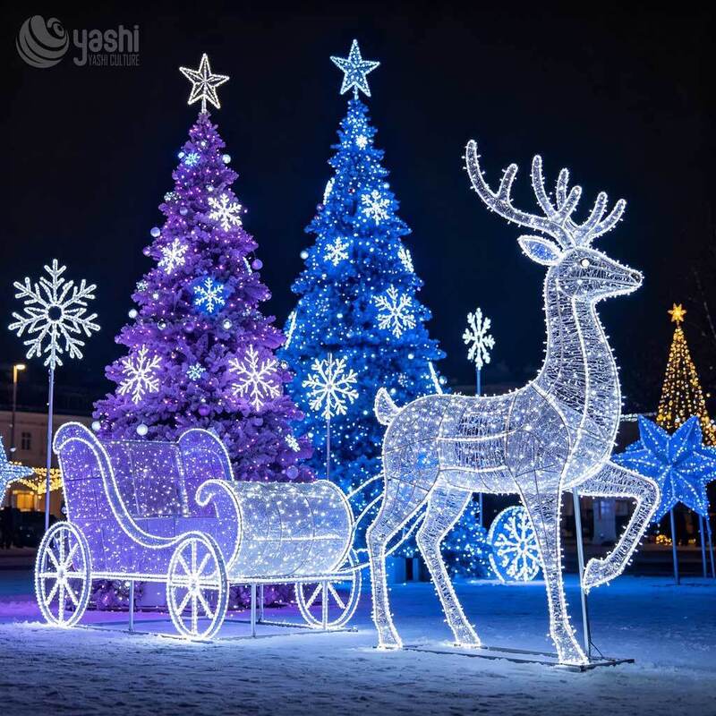 Custom Giant LED Light Sculpture Set, Outdoor Christmas Reindeer Motif Light With Christmas Tree, Snowflake & Wave Lanterns For Festival Display