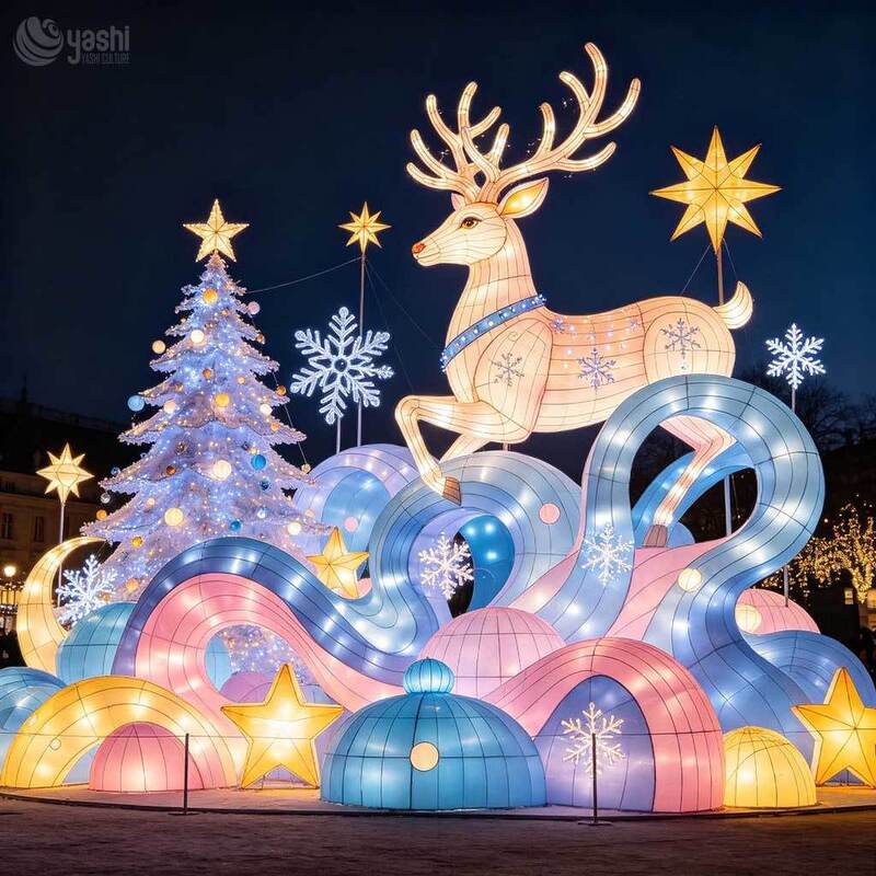 Custom Giant LED Light Sculpture Set, Outdoor Christmas Reindeer Motif Light With Christmas Tree, Snowflake & Wave Lanterns For Festival Display