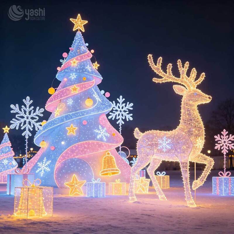 Custom Giant LED Light Sculpture Set, Outdoor Christmas Reindeer Motif Light With Christmas Tree, Snowflake & Wave Lanterns For Festival Display