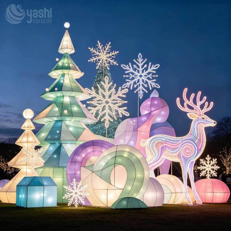 Giant Reindeer LED Light Sculpture, 3D Christmas Tree Lantern Set for Mall & Festival Display, Christmas Lighting Solution