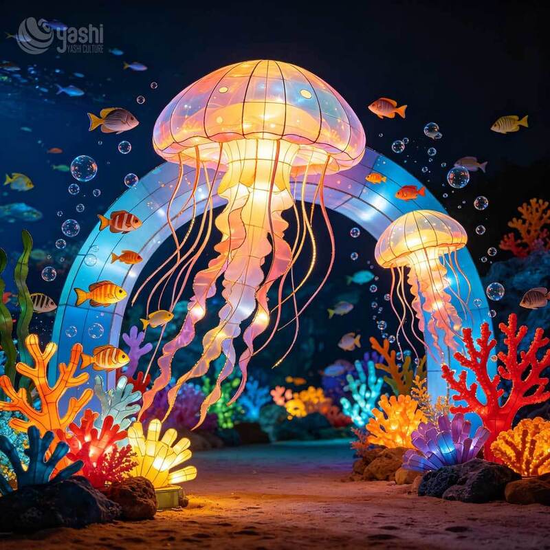 Ocean Themed Jellyfish LED Lantern Arch, Underwater Light Tunnel Sculpture for Street Festival & Mall Display