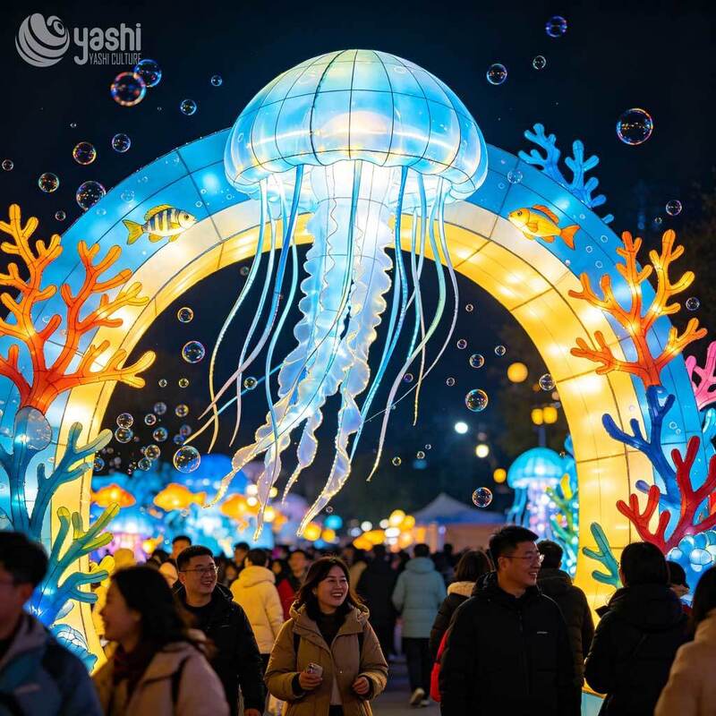 Ocean Themed Jellyfish LED Lantern Arch, Underwater Light Tunnel Sculpture for Street Festival & Mall Display