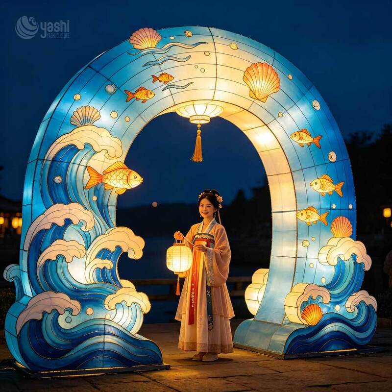 Custom Ocean Wave Fish Shell Arch Lantern, Chinese Style Photo‑Op Archway for Park & Cultural Lantern Festival