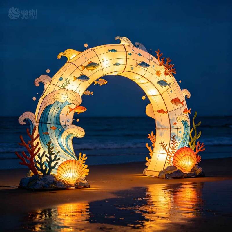 Traditional Chinese Ocean Themed Lantern Arch, Wave & Fish LED Light Tunnel for Festival Entrance Decoration