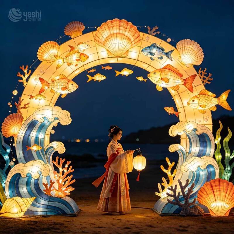 Custom Ocean Wave Fish Shell Arch Lantern, Chinese Style Photo‑Op Archway for Park & Cultural Lantern Festival