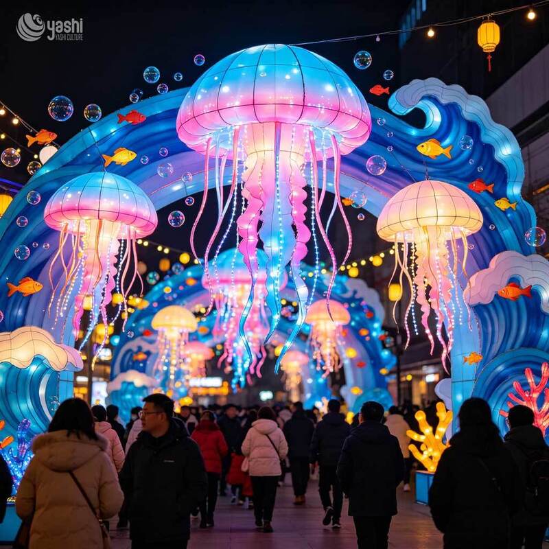 Traditional Chinese Ocean Themed Lantern Arch, Wave & Fish LED Light Tunnel for Festival Entrance Decoration