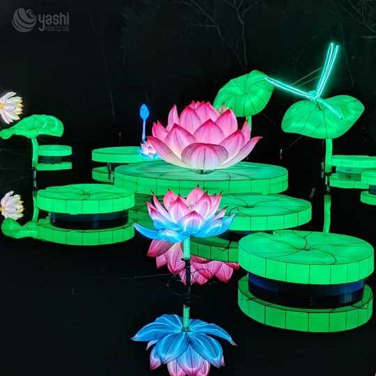 Custom Water‑Floating Lotus & Dragonfly Lantern Set, Large LED Aquatic Floral Light Sculpture for Lake Festival