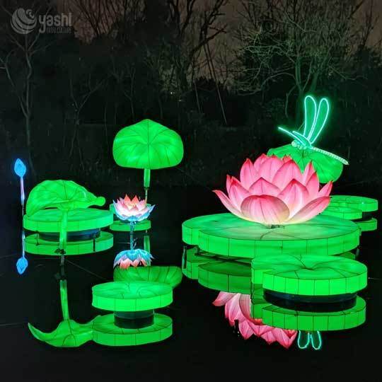 Custom Water‑Floating Lotus & Dragonfly Lantern Set, Large LED Aquatic Floral Light Sculpture for Lake Festival