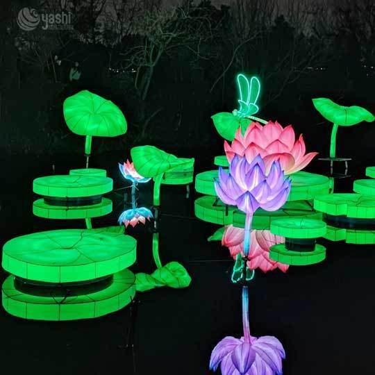 Custom Water‑Floating Lotus & Dragonfly Lantern Set, Large LED Aquatic Floral Light Sculpture for Lake Festival