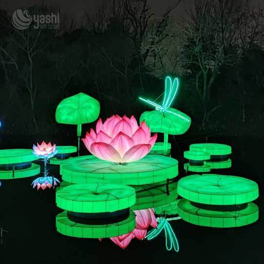 Custom Water‑Floating Lotus & Dragonfly Lantern Set, Large LED Aquatic Floral Light Sculpture for Lake Festival