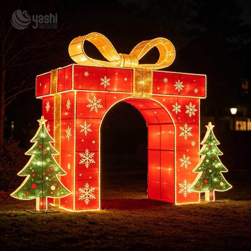 Custom Giant Gift Box Arch Motif Light, Outdoor LED Christmas Present Tunnel With Bow & Snowflake Lights For Mall Festival Decor