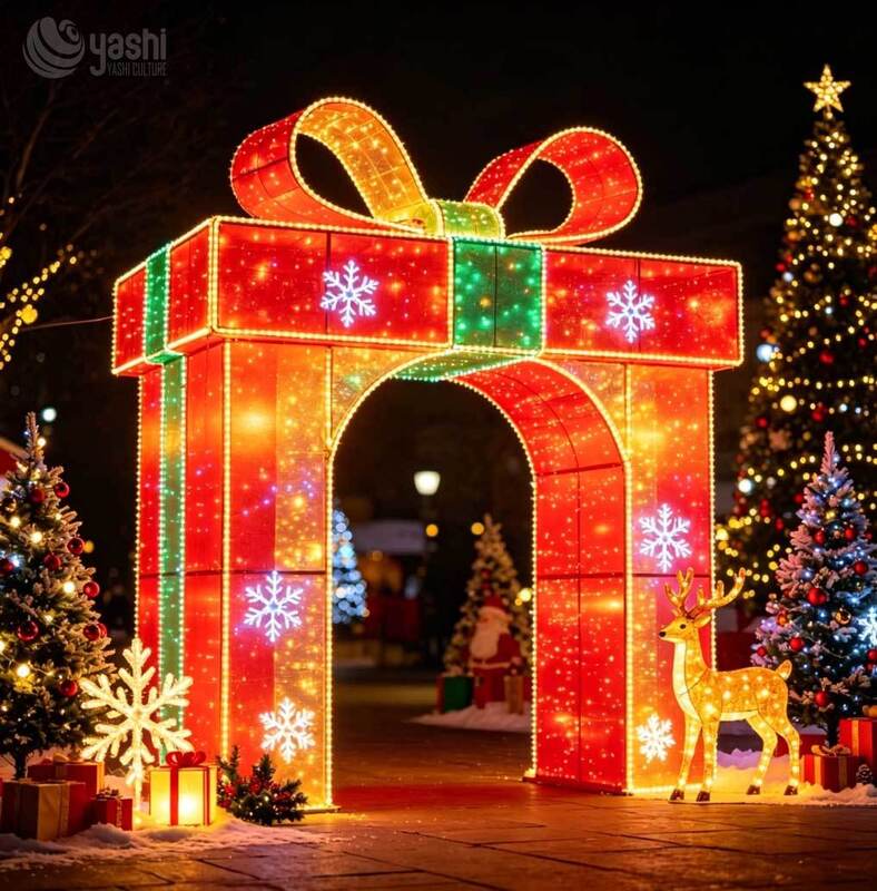Custom Giant Gift Box Arch Motif Light, Outdoor LED Christmas Present Tunnel With Bow & Snowflake Lights For Mall Festival Decor