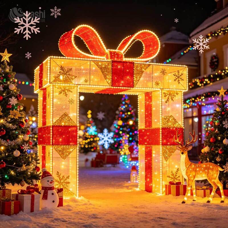 Custom Giant Gift Box Arch Motif Light, Outdoor LED Christmas Present Tunnel With Bow & Snowflake Lights For Mall Festival Decor