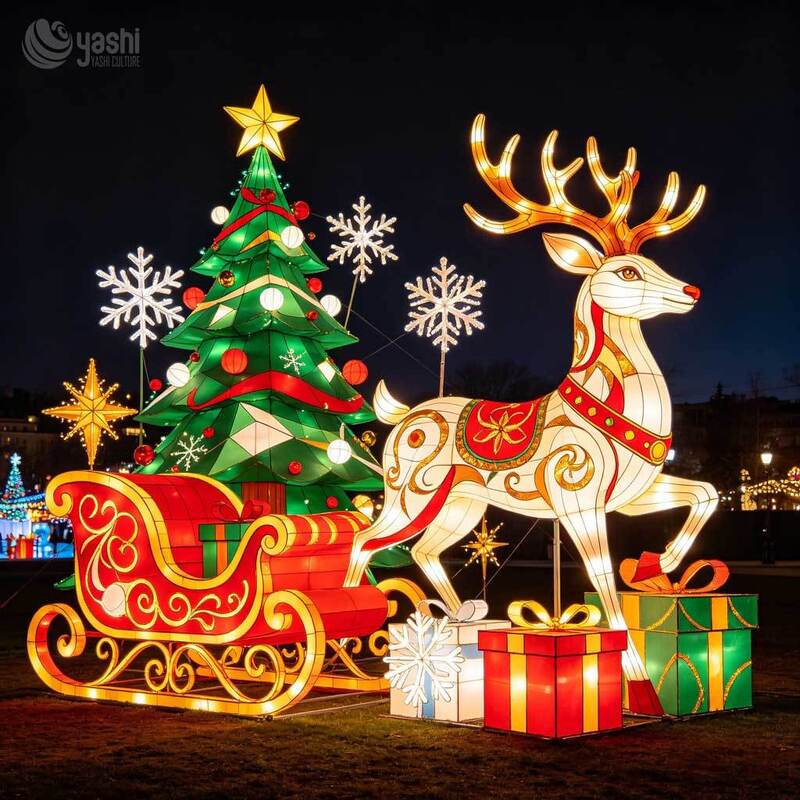 Custom LED Wire Frame Reindeer & Sleigh Motif Light, Outdoor Christmas Light Sculpture With Gift Boxes For Plaza Holiday Light Show
