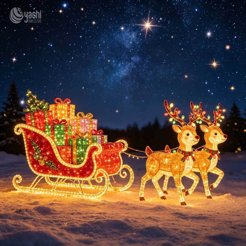 Custom LED Wire Frame Reindeer & Sleigh Motif Light, Outdoor Christmas Light Sculpture With Gift Boxes For Plaza Holiday Light Show