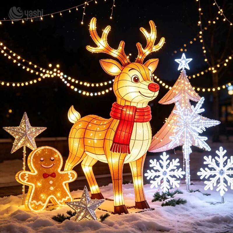 Custom LED Wire Frame Reindeer & Sleigh Motif Light, Outdoor Christmas Light Sculpture With Gift Boxes For Plaza Holiday Light Show