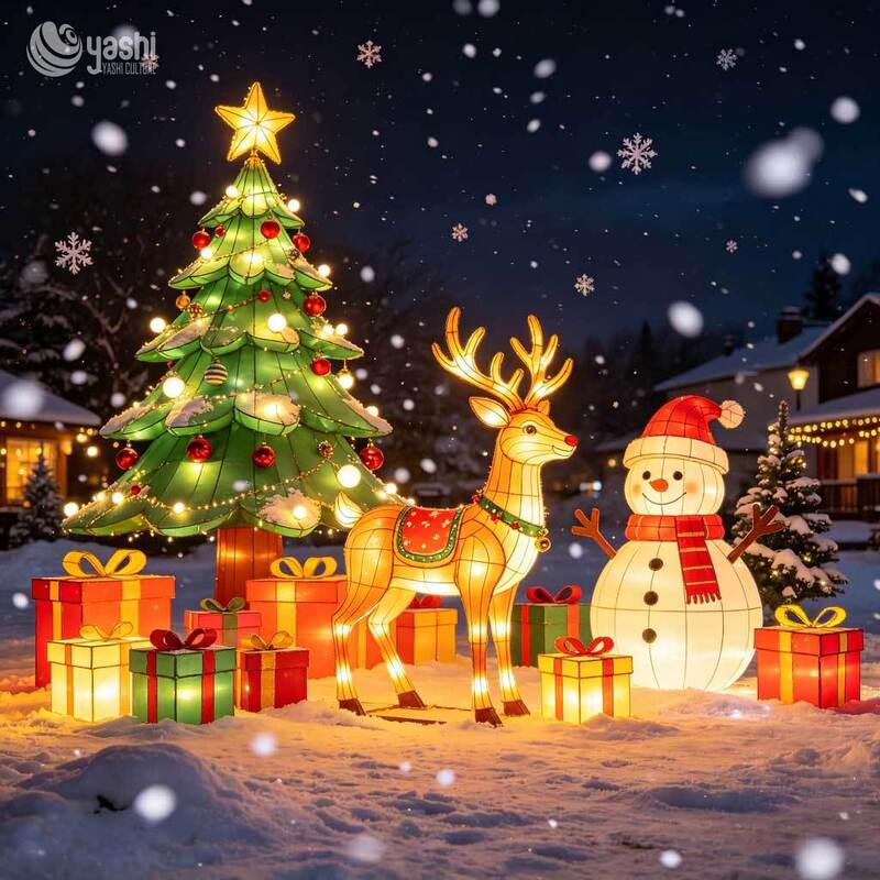 Custom LED Wire Frame Reindeer & Sleigh Motif Light, Outdoor Christmas Light Sculpture With Gift Boxes For Plaza Holiday Light Show