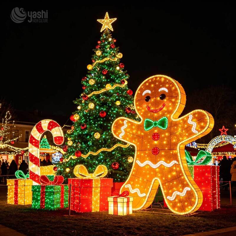 Custom Giant Gingerbread Man Light Scene, Outdoor LED Christmas Lantern Set With Santa Claus, Snowman & Gift Box Motif Lights For Festival Display