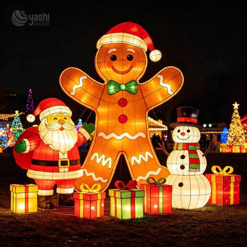 Custom Giant Gingerbread Man Light Scene, Outdoor LED Christmas Lantern Set With Santa Claus, Snowman & Gift Box Motif Lights For Festival Display