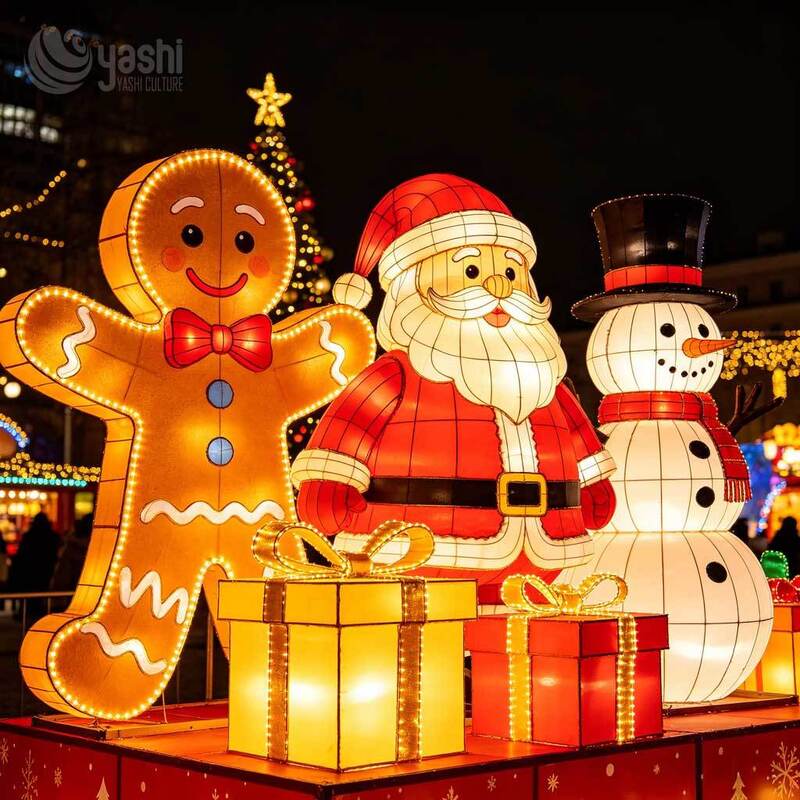 Custom Giant Gingerbread Man Light Scene, Outdoor LED Christmas Lantern Set With Santa Claus, Snowman & Gift Box Motif Lights For Festival Display