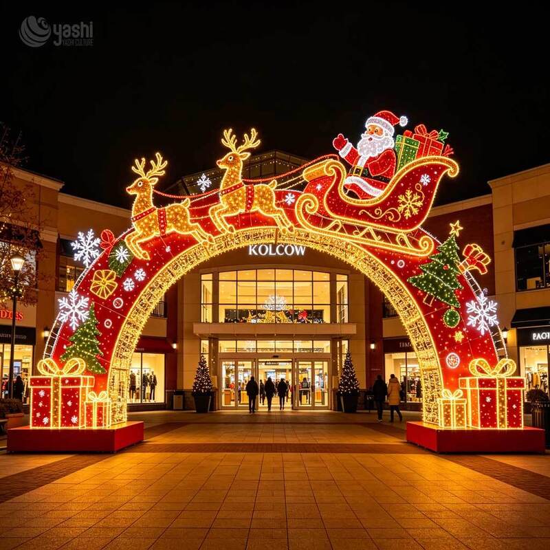 Custom Santa Sleigh & Reindeer Christmas Arch Motif Light, Outdoor LED Light Archway With Snowflakes & Gift Boxes For Shopping Mall