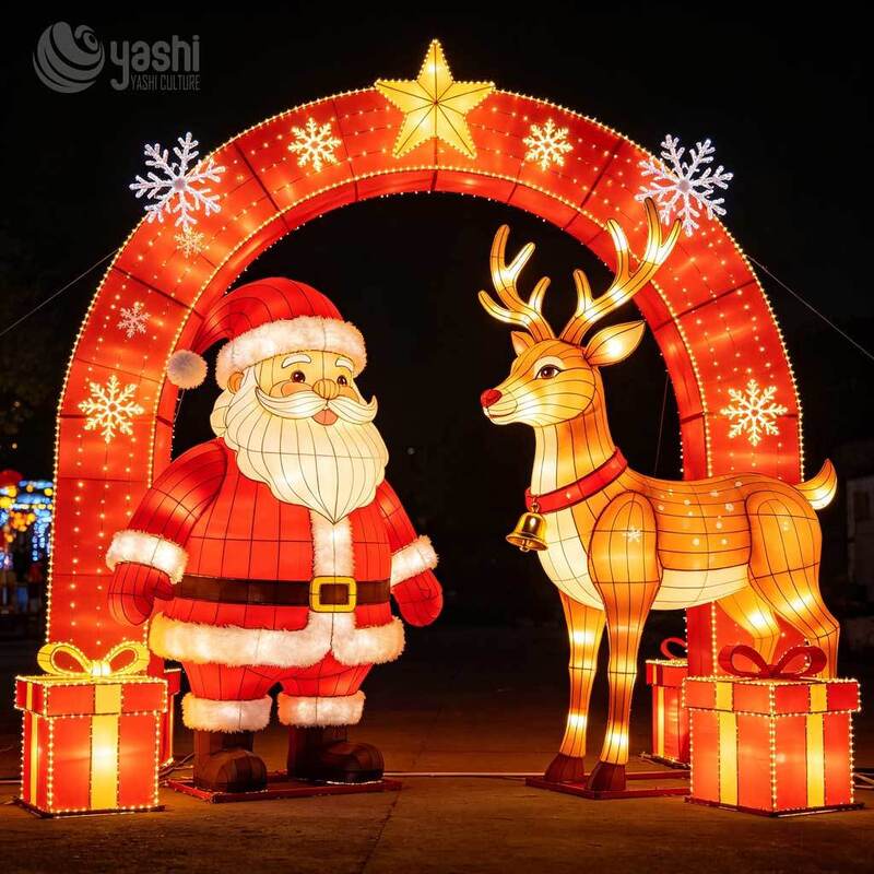 Custom Giant Santa Claus Arch Light Sculpture, Outdoor LED Christmas Motif Light Tunnel For Shopping Mall & Light Festival