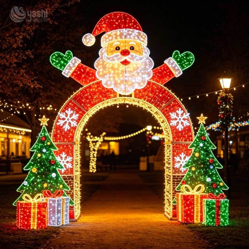 Custom Giant Santa Claus Arch Light Sculpture, Outdoor LED Christmas Motif Light Tunnel For Shopping Mall & Light Festival