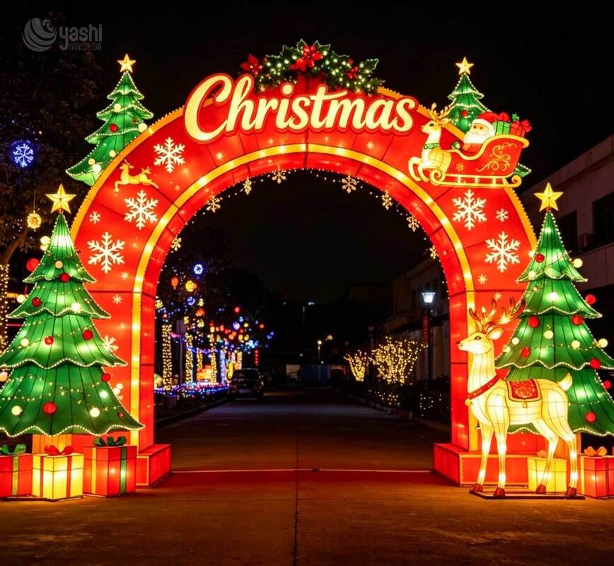 Custom Giant Santa Claus Arch Light Sculpture, Outdoor LED Christmas Motif Light Tunnel For Shopping Mall & Light Festival