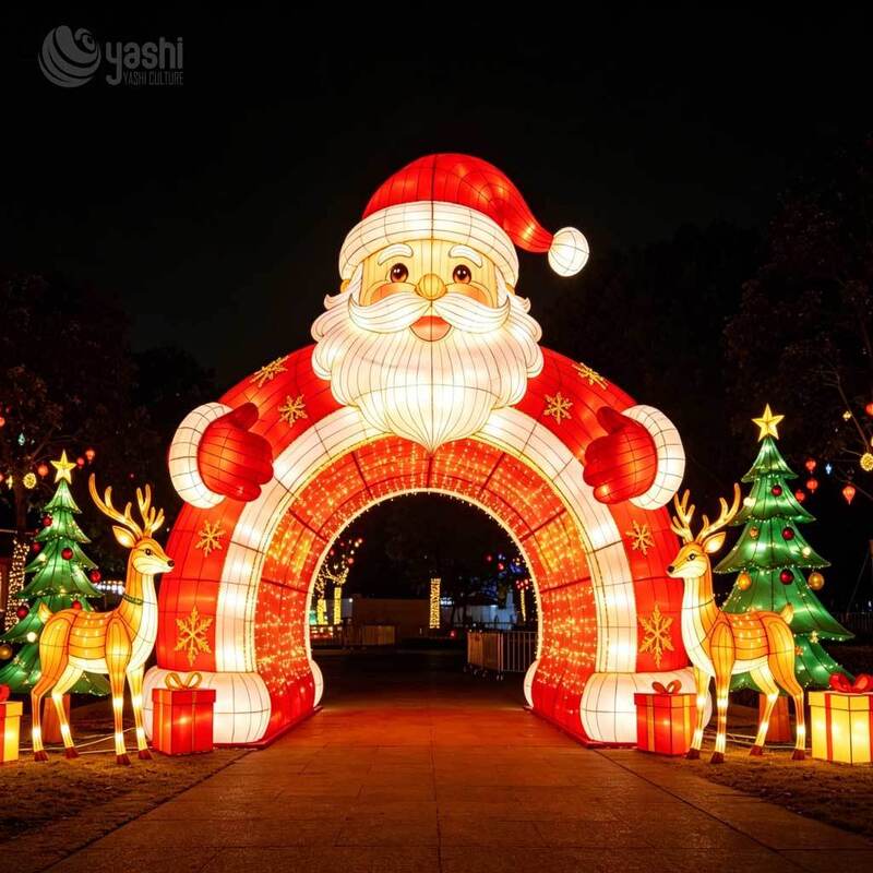 Custom Christmas Bell Star Arch Lantern With Reindeer & Sleigh, Outdoor LED Festival Light Archway For Mall, Park Light Show