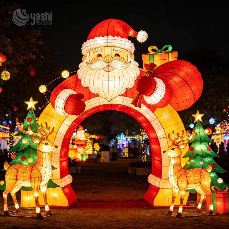 Custom Santa Sleigh & Reindeer Christmas Arch Lantern, Outdoor LED Festival Motif Light Archway For Park & Shopping Mall