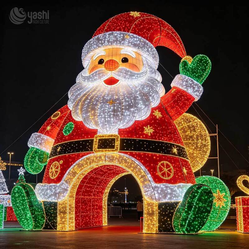 Custom Santa Sleigh & Reindeer Christmas Arch Lantern, Outdoor LED Festival Motif Light Archway For Park & Shopping Mall